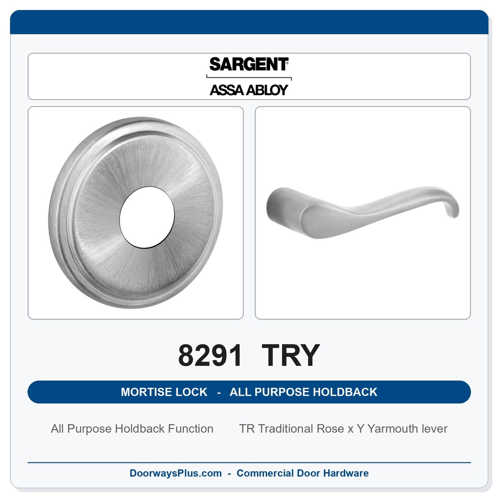 Sargent 8291 TRY Trim All Purpose Holdback Mortise Lockset | LA Keyway, Grade 1 Commercial