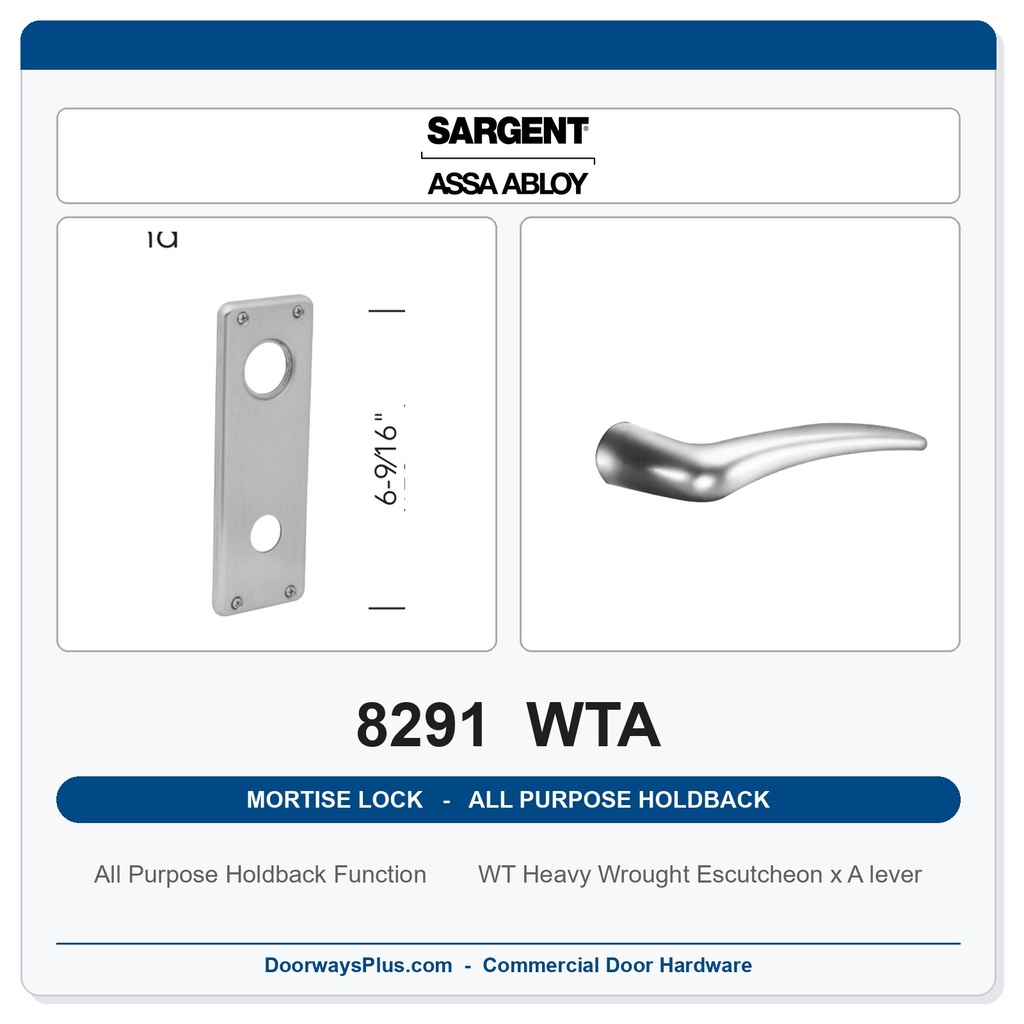Sargent 8291 WTA Trim All Purpose Holdback Mortise Lockset | LA Keyway, Grade 1 Commercial