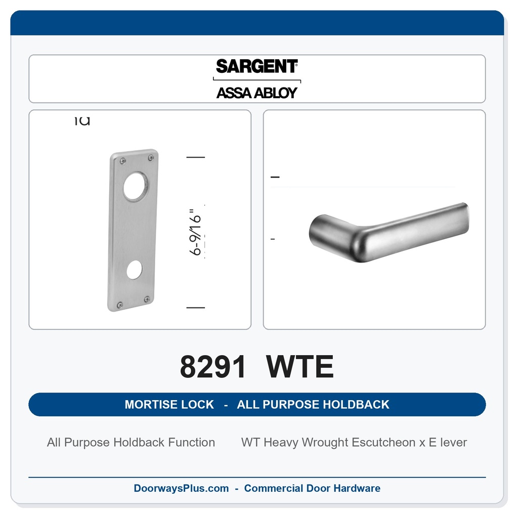 Sargent 8291 WTE Trim All Purpose Holdback Mortise Lockset | LA Keyway, Grade 1 Commercial