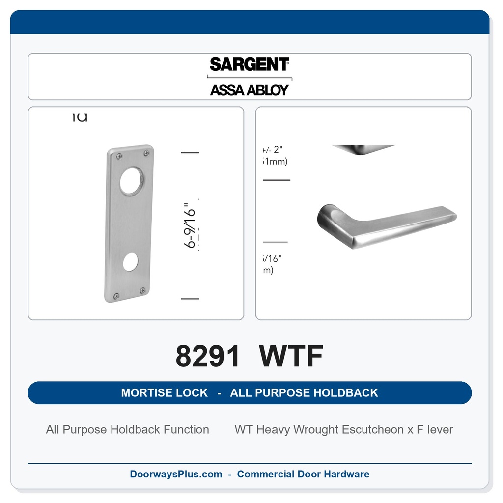 Sargent 8291 WTF Trim All Purpose Holdback Mortise Lockset | LA Keyway, Grade 1 Commercial