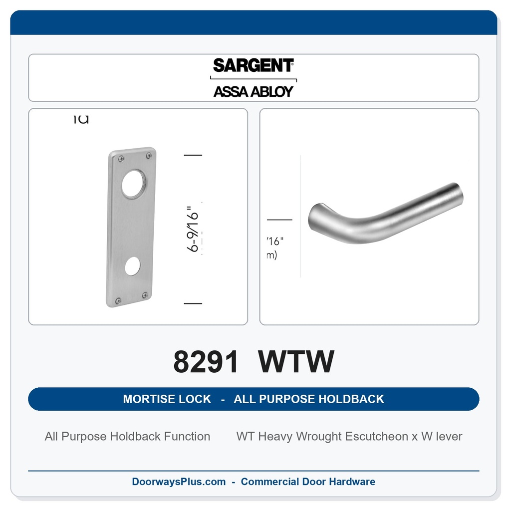 Sargent 8291 WTW Trim All Purpose Holdback Mortise Lockset | LA Keyway, Grade 1 Commercial