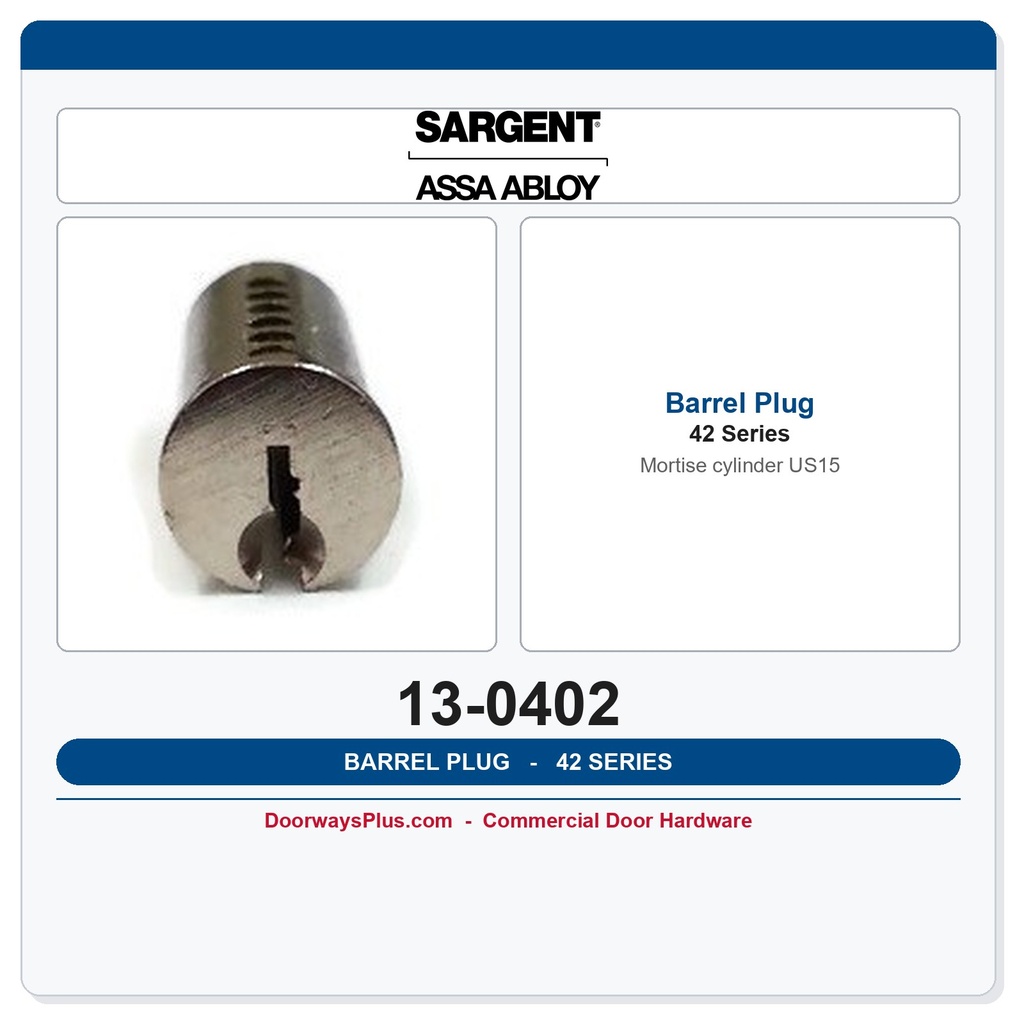 Sargent 13-0402 Cylinder Barrel Plug – 42 Series Mortise, US15 Satin Nickel