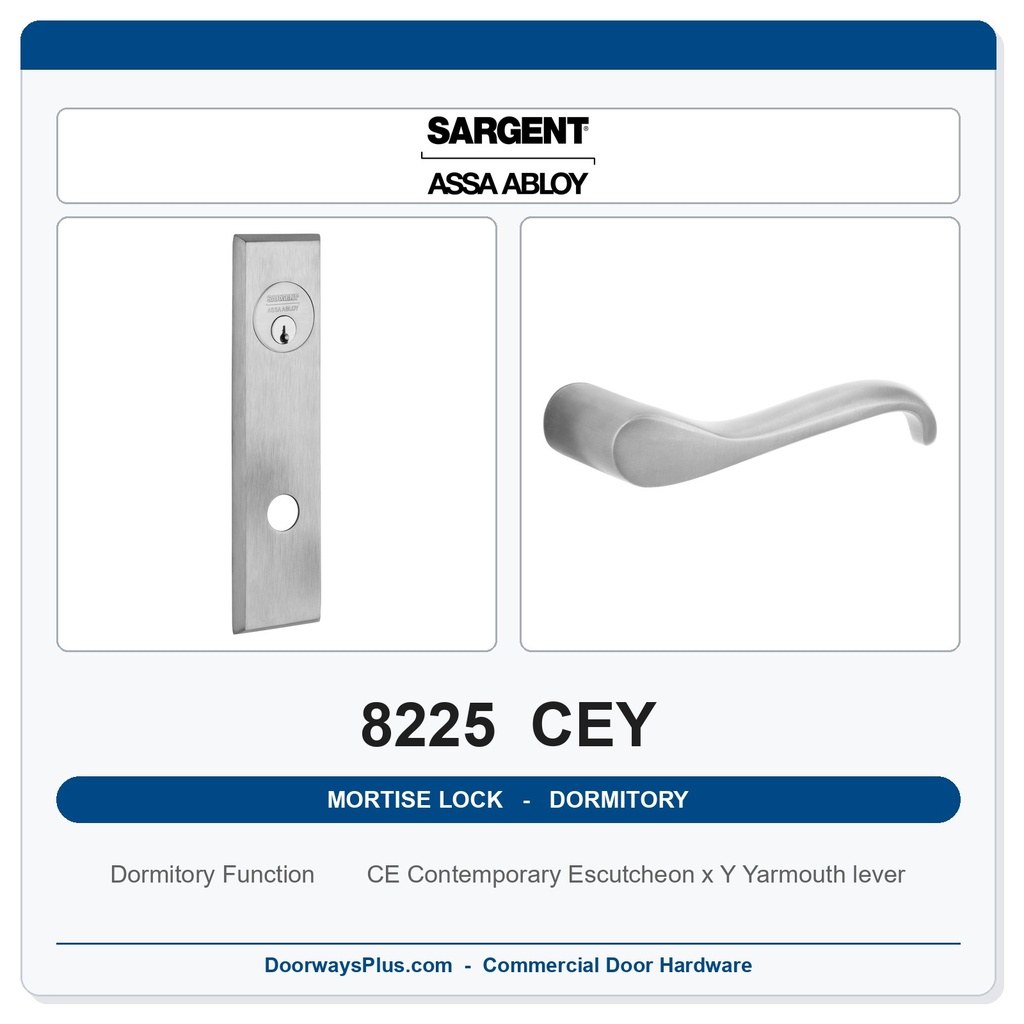 Sargent 8225 CEY Trim Dormitory or Exit Mortise Lockset | LA Keyway, Grade 1 Commercial