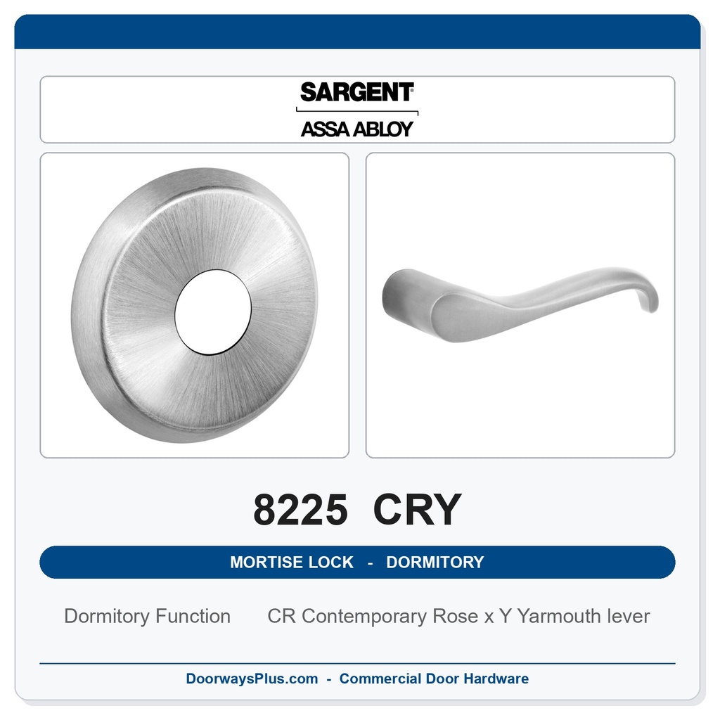 Sargent 8225 CRY Trim Dormitory or Exit Mortise Lockset | LA Keyway, Grade 1 Commercial