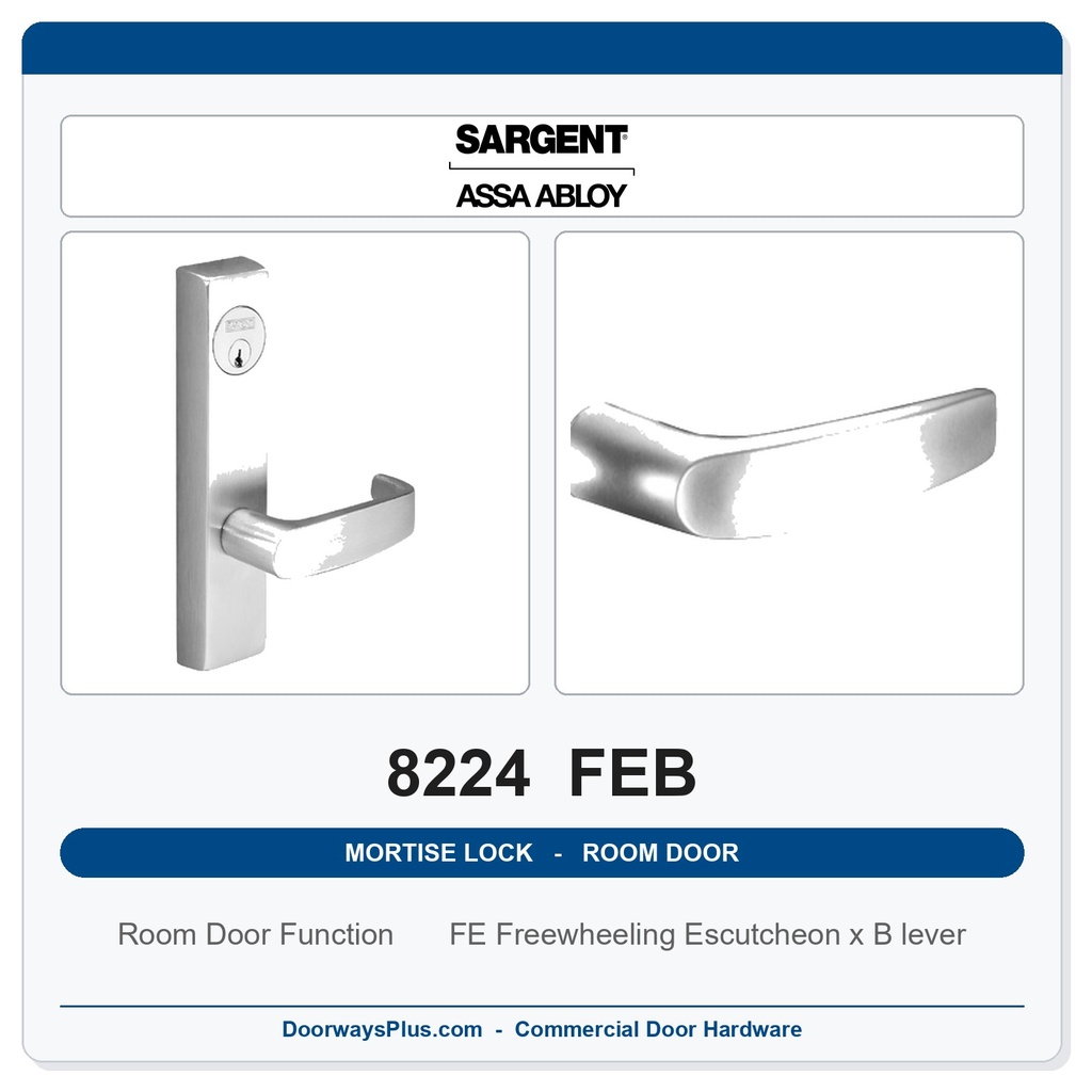 Sargent 8224 FEB Trim Room Door Mortise Lockset | LA Keyway, Grade 1 Commercial