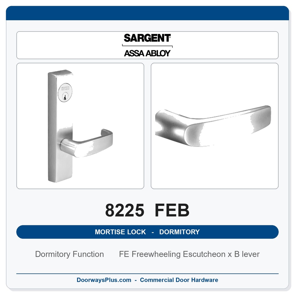 Sargent 8225 FEB Trim Dormitory or Exit Mortise Lockset | LA Keyway, Grade 1 Commercial