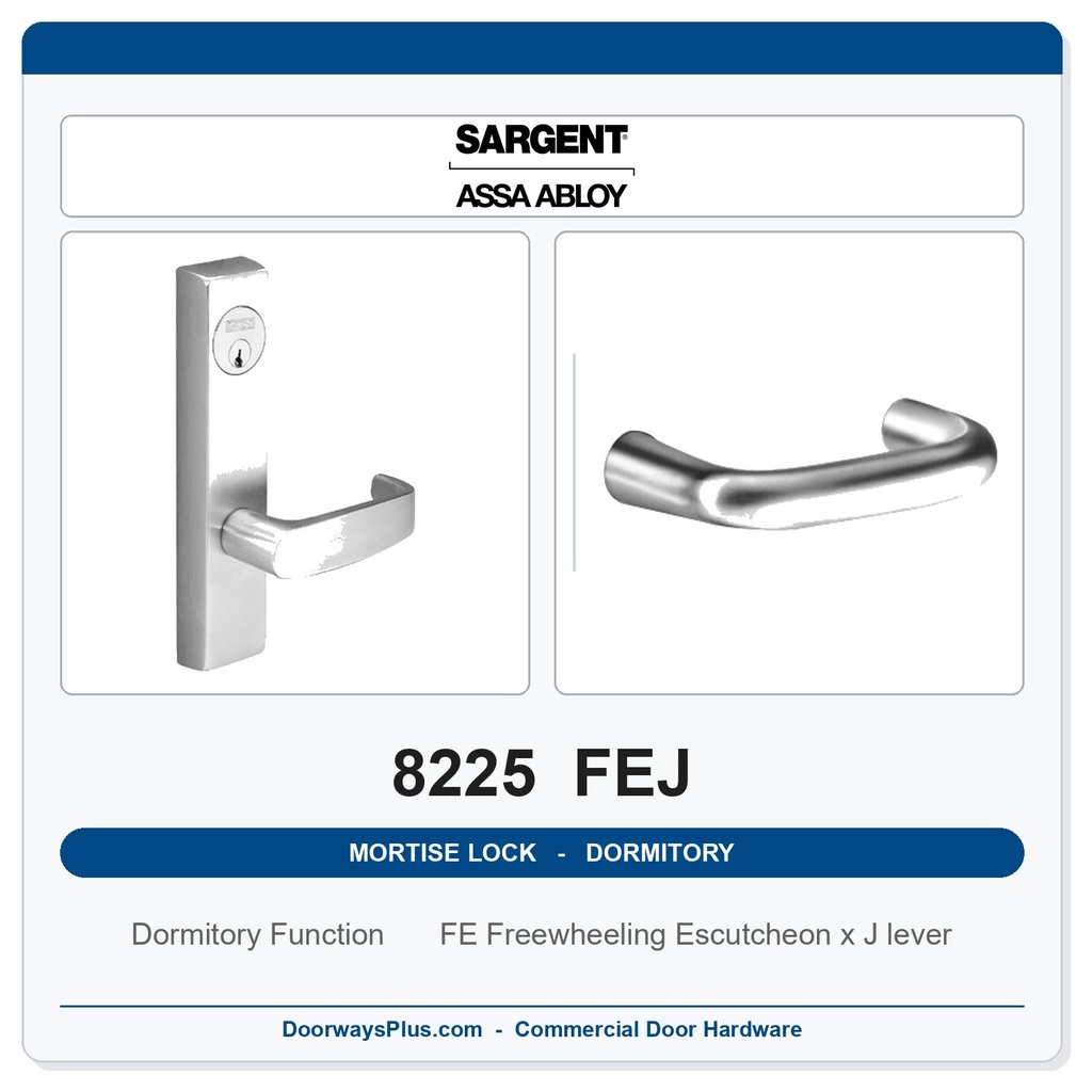 Sargent 8225 FEJ Trim Dormitory or Exit Mortise Lockset | LA Keyway, Grade 1 Commercial
