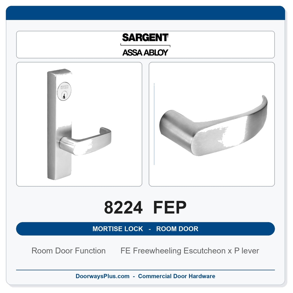 Sargent 8224 FEP Trim Room Door Mortise Lockset | LA Keyway, Grade 1 Commercial