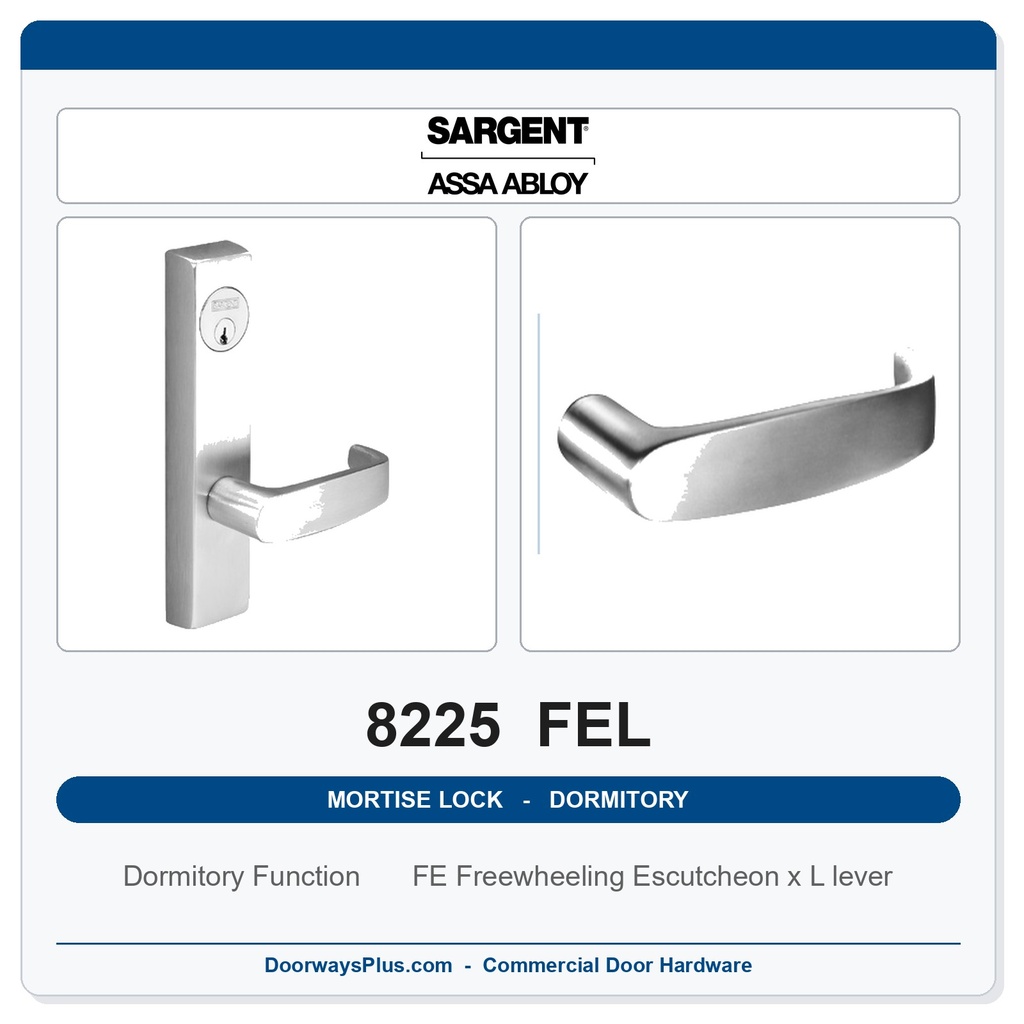 Sargent 8225 FEL Trim Dormitory or Exit Mortise Lockset | LA Keyway, Grade 1 Commercial