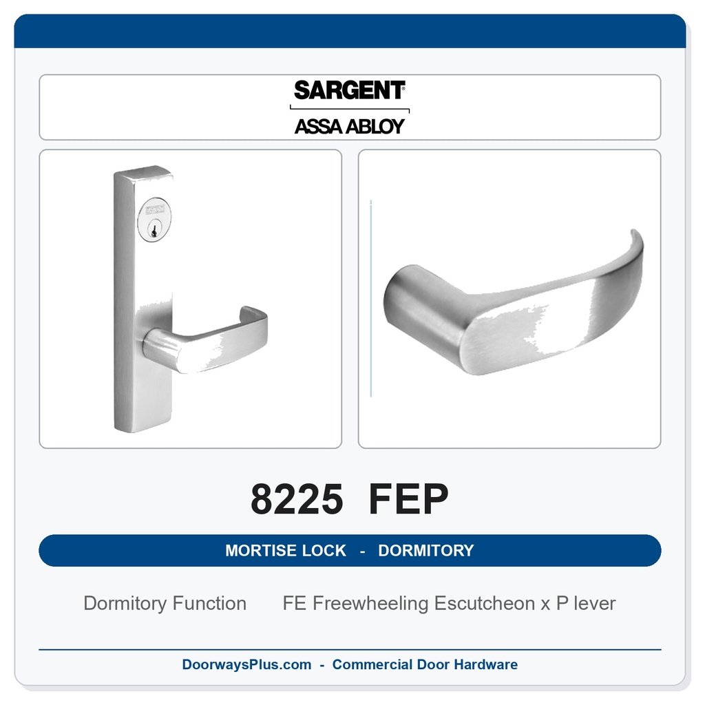 Sargent 8225 FEP Trim Dormitory or Exit Mortise Lockset | LA Keyway, Grade 1 Commercial