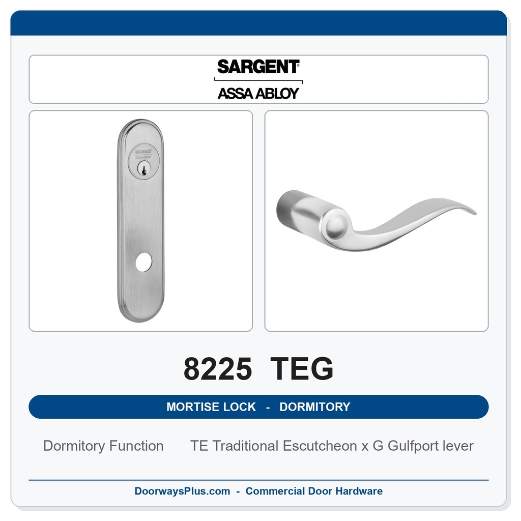 Sargent 8225 TEG Trim Dormitory or Exit Mortise Lockset | LA Keyway, Grade 1 Commercial