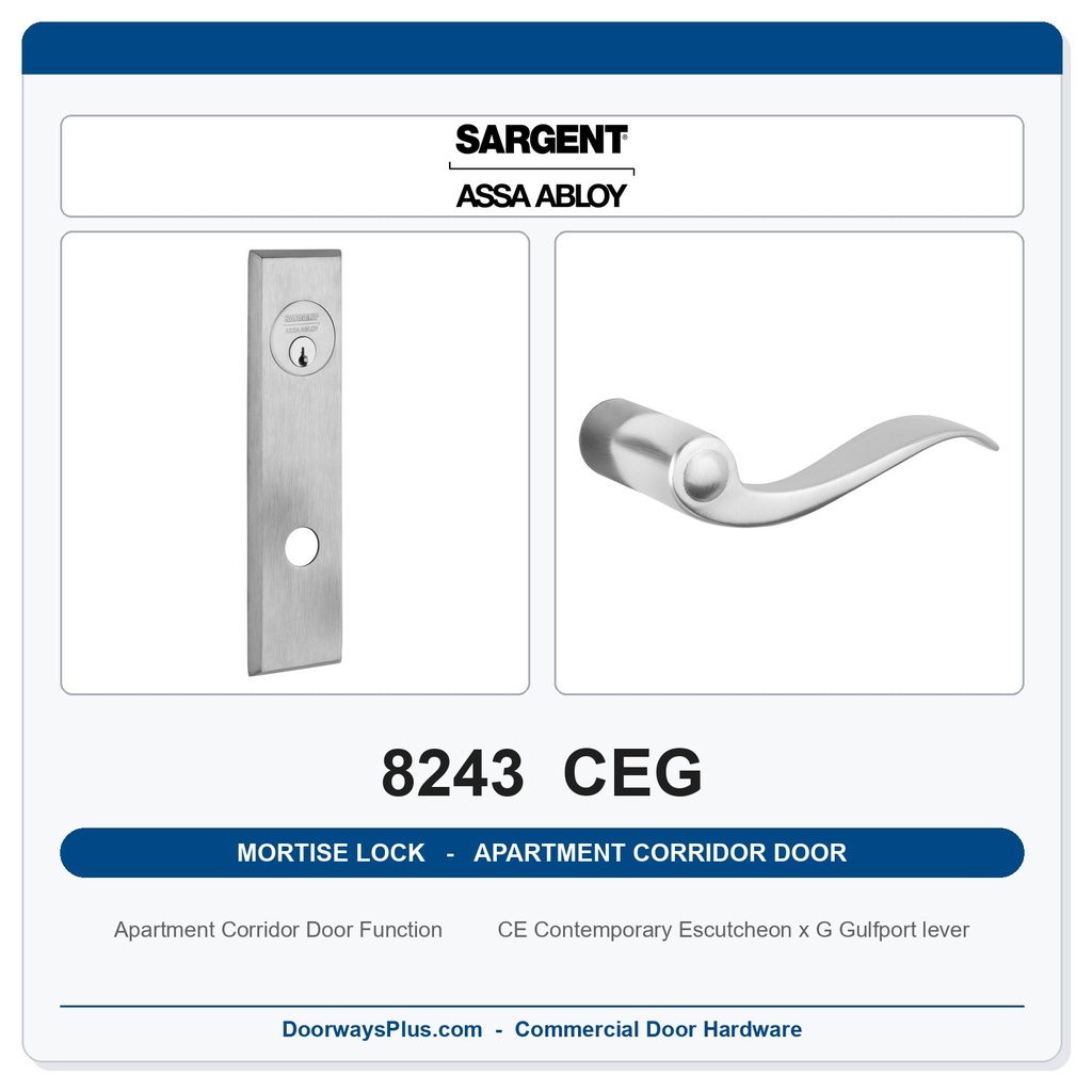 Sargent 8243 CEG Trim Apartment Corridor Door Mortise Lockset | LA Keyway, Grade 1 Commercial