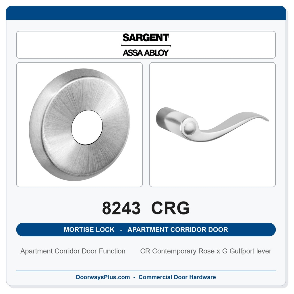 Sargent 8243 CRG Trim Apartment Corridor Door Mortise Lockset | LA Keyway, Grade 1 Commercial