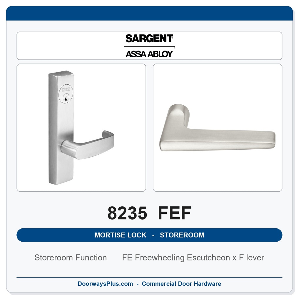 Sargent 8235 FEF Trim Storeroom Mortise Lockset | LA Keyway, Grade 1 Commercial
