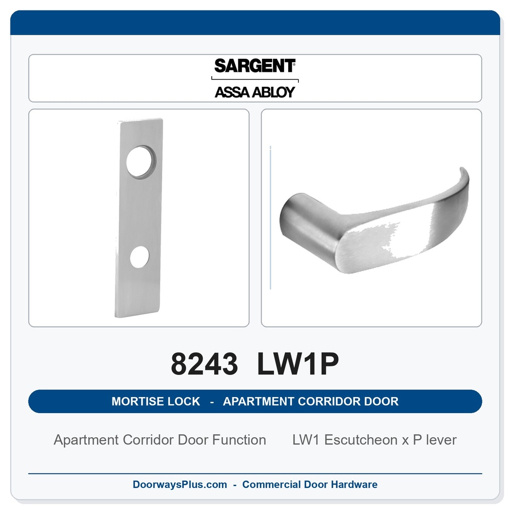 Sargent 8243 LW1P Trim Apartment Corridor Door Mortise Lockset | LA Keyway, Grade 1 Commercial