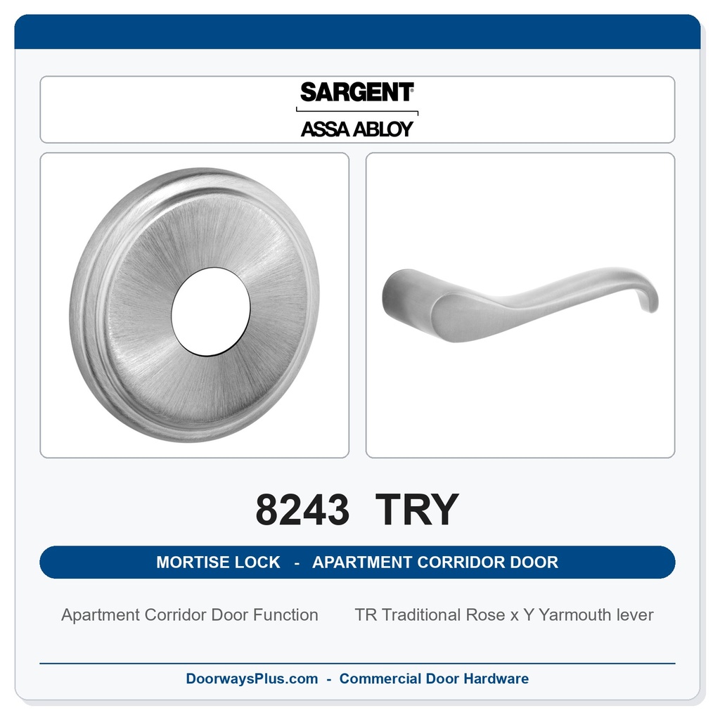 Sargent 8243 TRY Trim Apartment Corridor Door Mortise Lockset | LA Keyway, Grade 1 Commercial