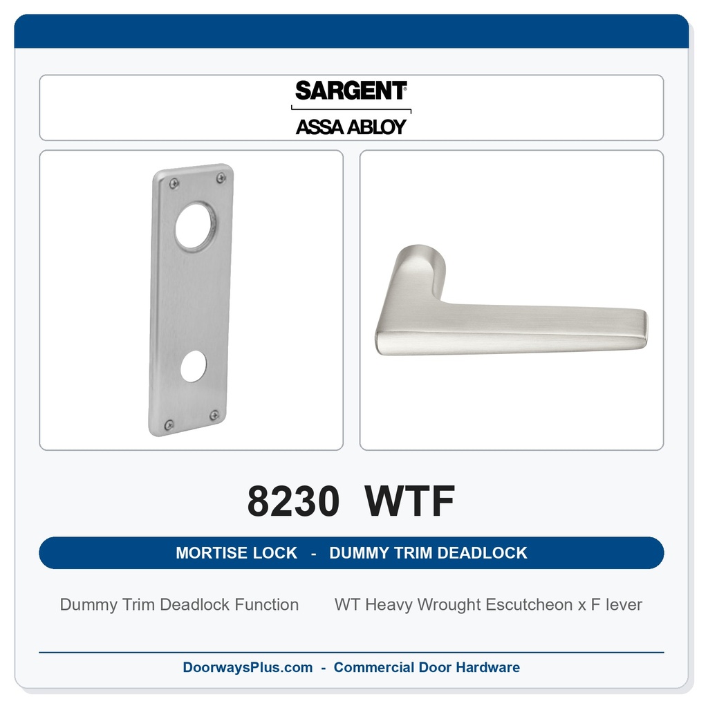 Sargent 8230 WTF Trim Dummy Trim Deadlock Mortise Deadbolt | LA Keyway, Grade 1 Commercial