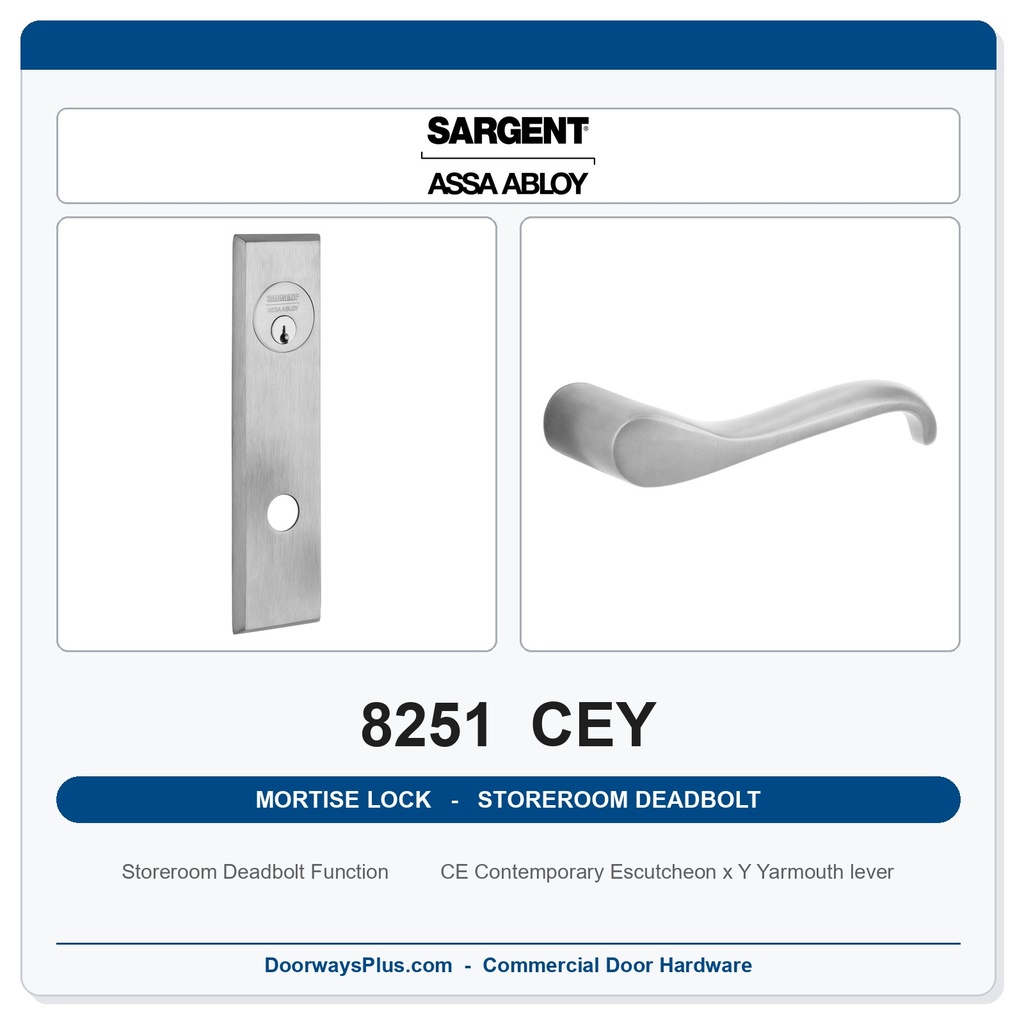 Sargent 8251 CEY Trim Storeroom Deadbolt Mortise Lockset | LA Keyway, Grade 1 Commercial
