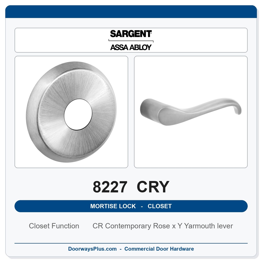 Sargent 8227 CRY Trim Closet or Storeroom Mortise Lockset | LA Keyway, Grade 1 Commercial