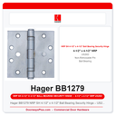 Hager BB1279 NRP SH 4-1/2" x 4-1/2" Ball Bearing Security Hinge – US26D Satin Chrome