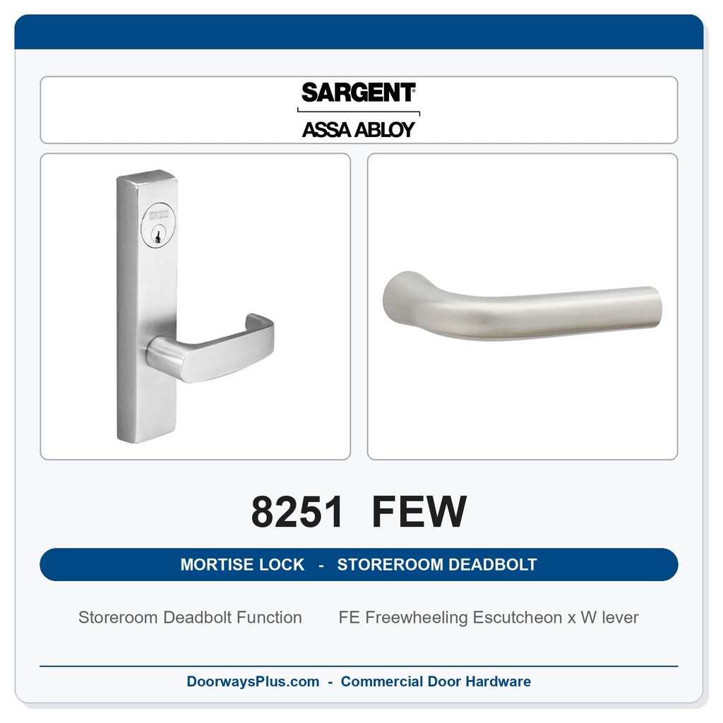 Sargent 8251 FEW Trim Storeroom Deadbolt Mortise Lockset | LA Keyway, Grade 1 Commercial