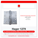 Hager 1279 4-1/2" x 4-1/2" Full Mortise Plain Bearing Hinge, 5-Knuckle Steel