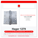 Hager 1279 NRP 4-1/2" x 4-1/2" Full Mortise Plain Bearing Hinge – 5 Knuckle Steel NRP