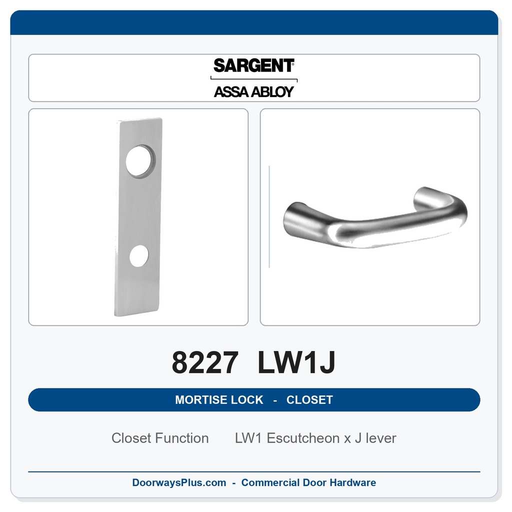 Sargent 8227 LW1J Trim Closet or Storeroom Mortise Lockset | LA Keyway, Grade 1 Commercial