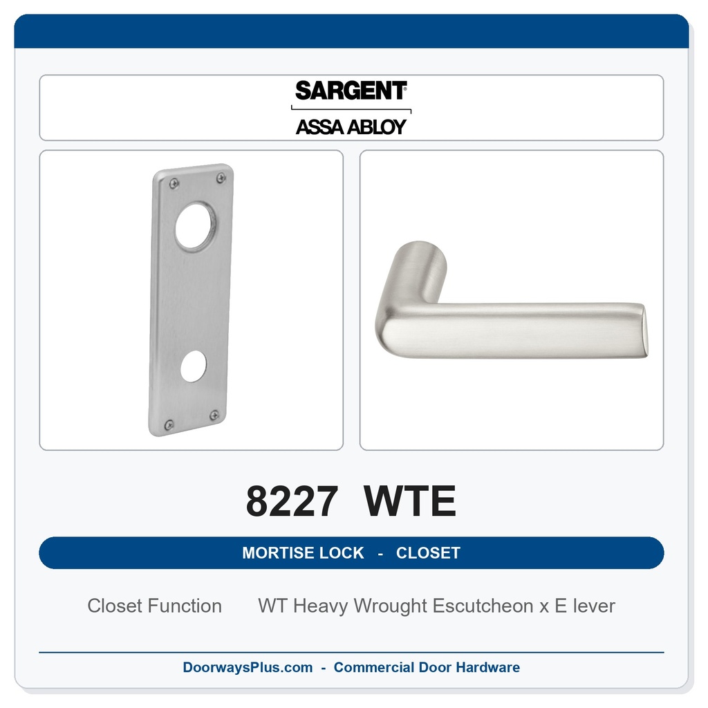 Sargent 8227 WTE Trim Closet or Storeroom Mortise Lockset | LA Keyway, Grade 1 Commercial