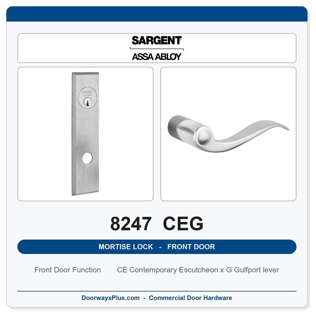 Sargent 8247 CEG Trim Front Door or Apartment Corridor Door Mortise Lockset | LA Keyway, Grade 1 Commercial