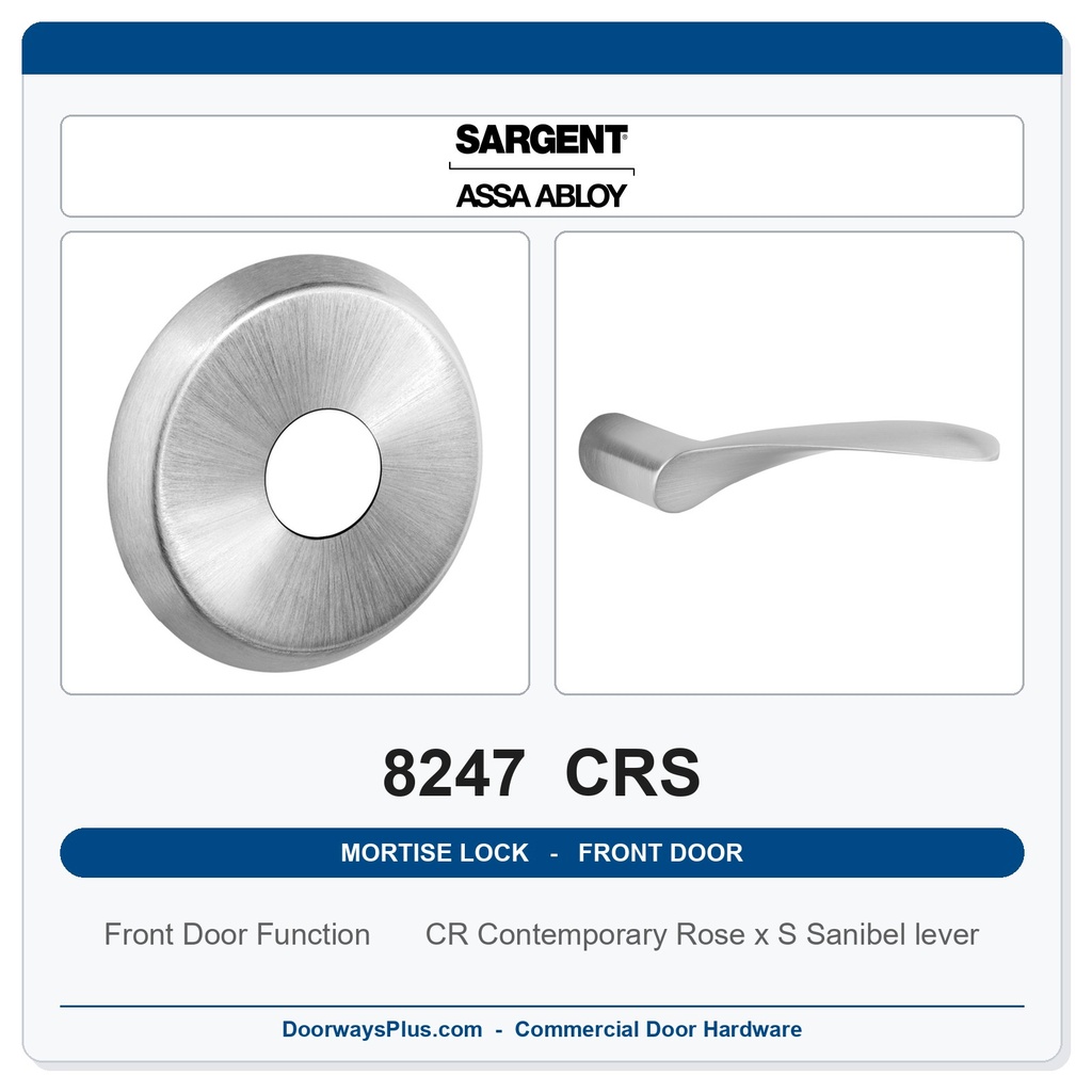 Sargent 8247 CRS Trim Front Door or Apartment Corridor Door Mortise Lockset | LA Keyway, Grade 1 Commercial