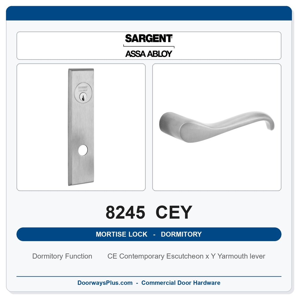 Sargent 8245 CEY Trim Dormitory or Exit Mortise Lockset | LA Keyway, Grade 1 Commercial