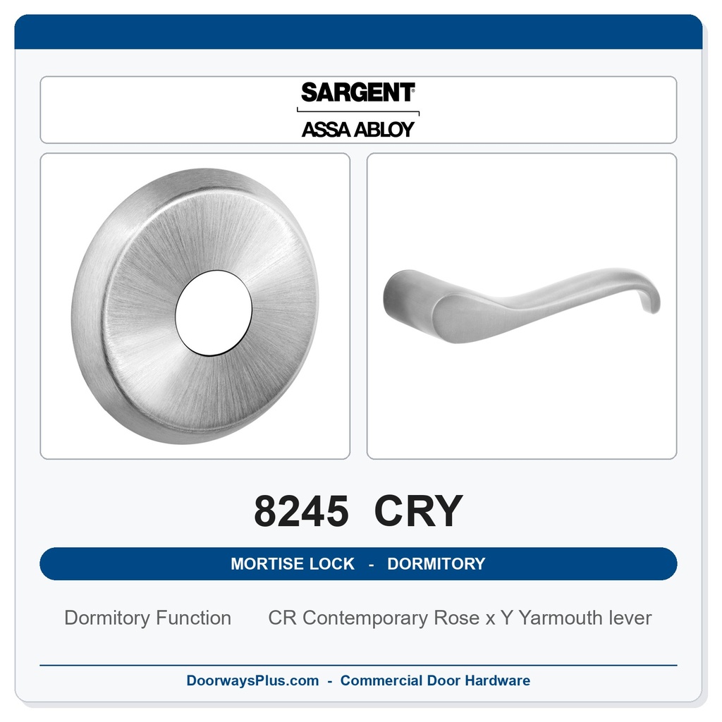 Sargent 8245 CRY Trim Dormitory or Exit Mortise Lockset | LA Keyway, Grade 1 Commercial