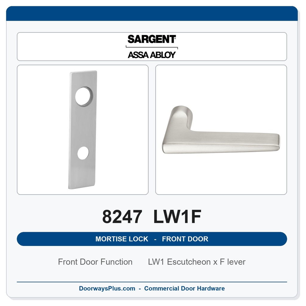 Sargent 8247 LW1F Trim Front Door or Apartment Corridor Door Mortise Lockset | LA Keyway, Grade 1 Commercial