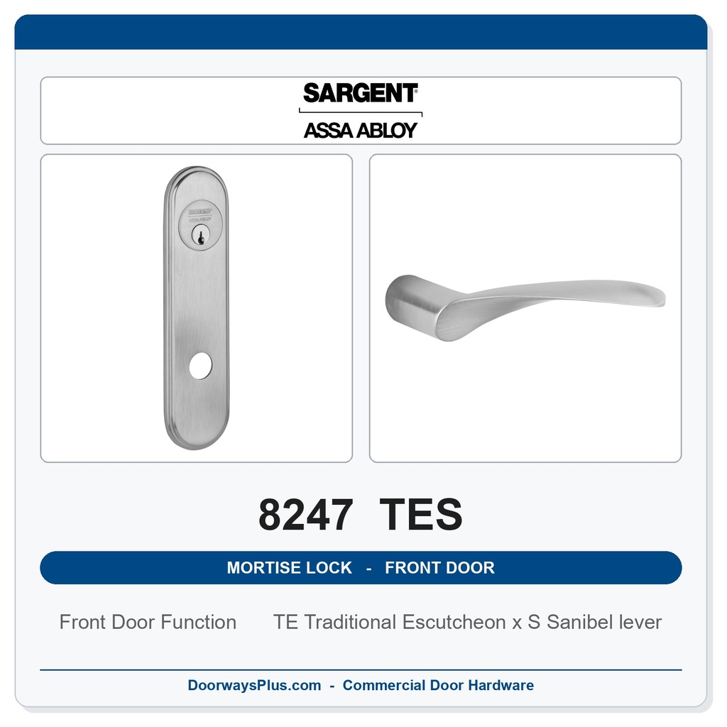 Sargent 8247 TES Trim Front Door or Apartment Corridor Door Mortise Lockset | LA Keyway, Grade 1 Commercial