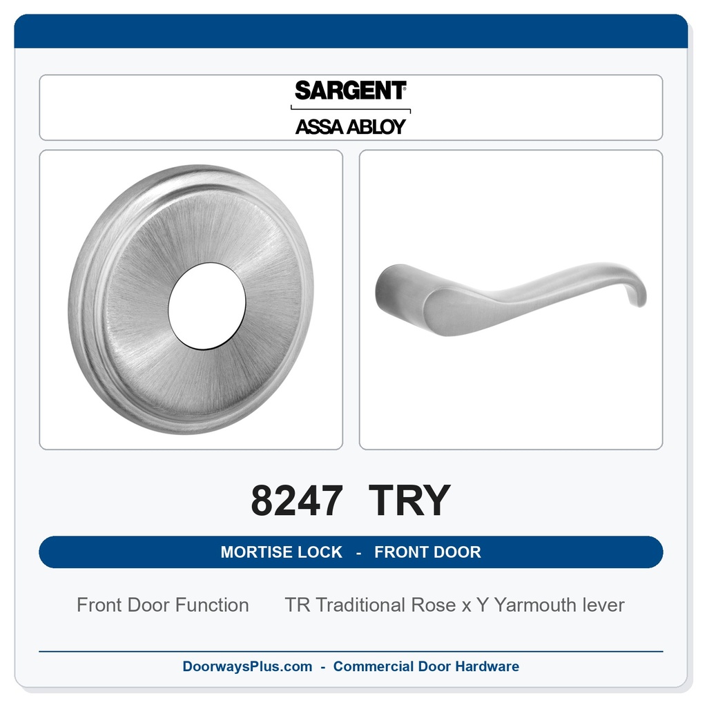 Sargent 8247 TRY Trim Front Door or Apartment Corridor Door Mortise Lockset | LA Keyway, Grade 1 Commercial