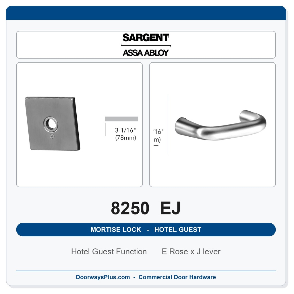Sargent 8250 EJ Trim Hotel Guest Mortise Lockset | LA Keyway, Grade 1 Commercial