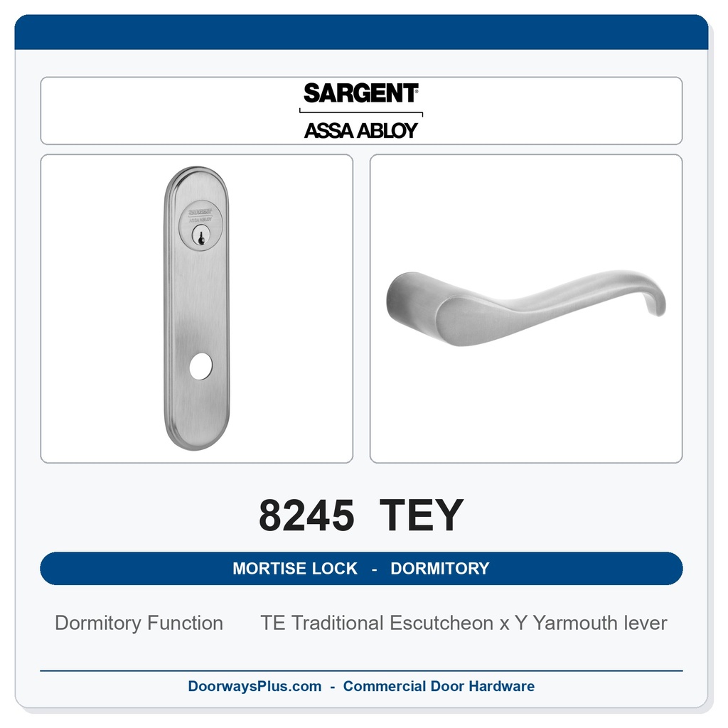 Sargent 8245 TEY Trim Dormitory or Exit Mortise Lockset | LA Keyway, Grade 1 Commercial