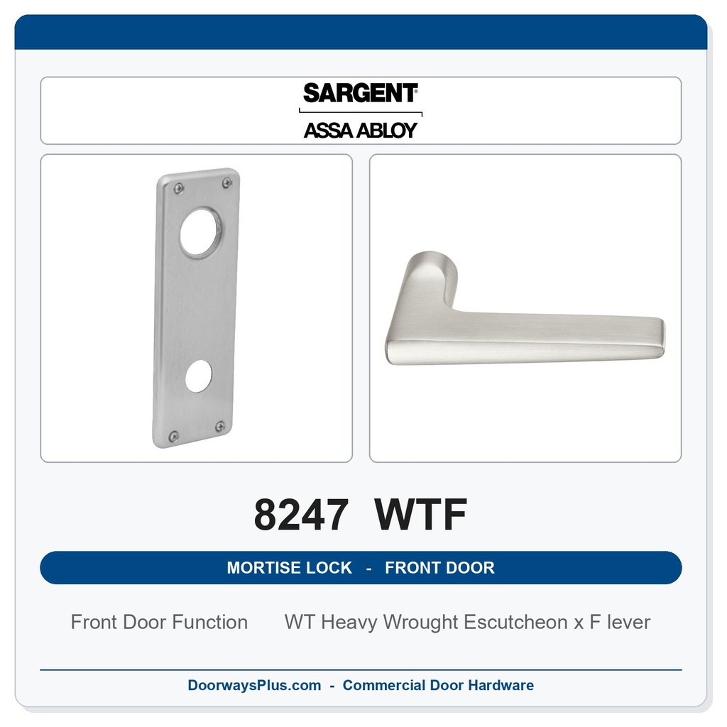Sargent 8247 WTF Trim Front Door or Apartment Corridor Door Mortise Lockset | LA Keyway, Grade 1 Commercial