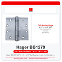 Hager BB1279 NRP 4-1/2" x 4-1/2" Ball Bearing Hinge – Full Mortise 5-Knuckle Steel UL Listed