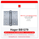 Hager BB1279 NRP 4-1/2" x 4-1/2" Ball Bearing Hinge – Full Mortise 5-Knuckle Steel UL Listed
