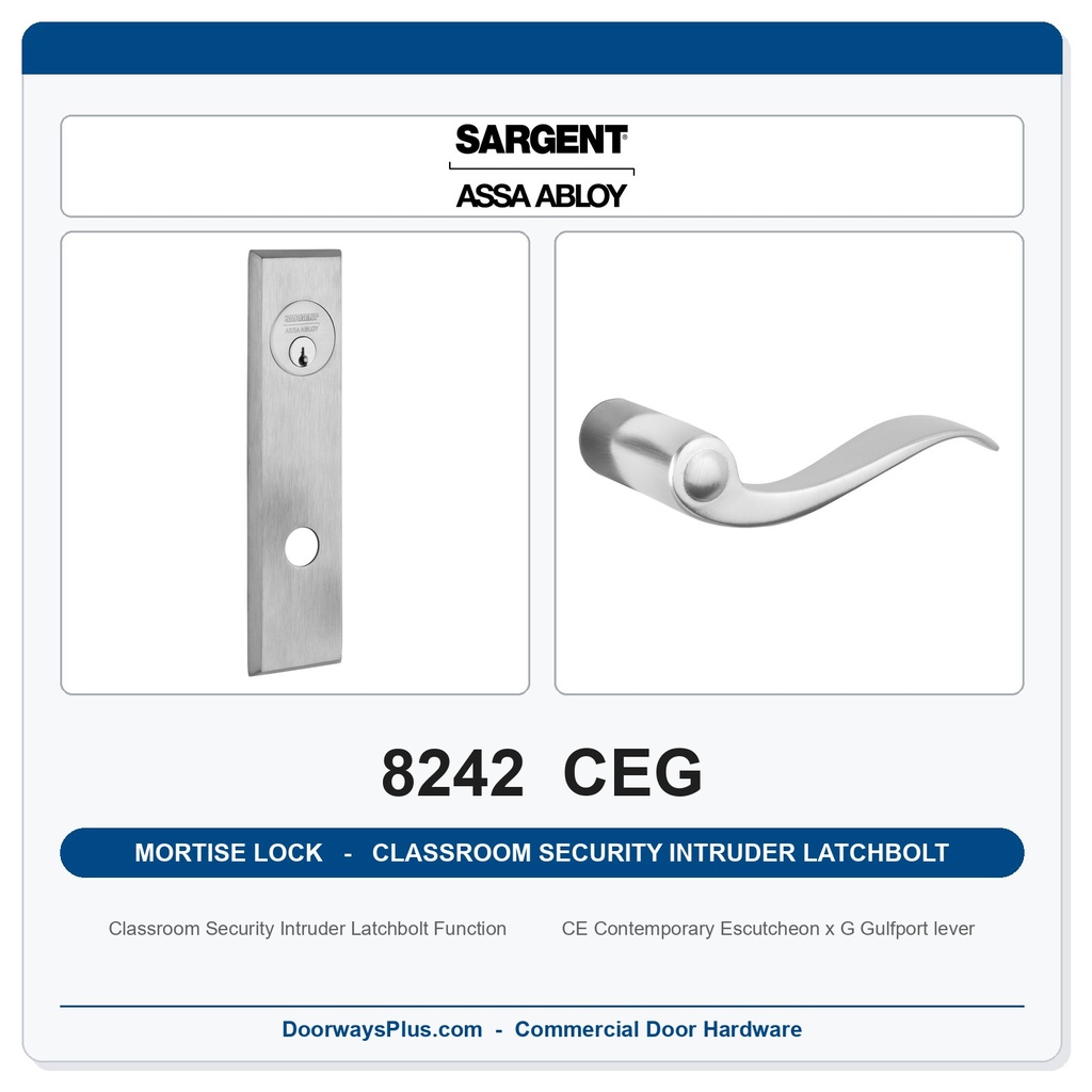 Sargent 8242 CEG Trim Classroom Security Intruder Latchbolt Mortise Lockset | LA Keyway, Grade 1 Commercial