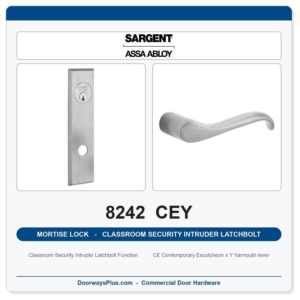 Sargent 8242 CEY Trim Classroom Security Intruder Latchbolt Mortise Lockset | LA Keyway, Grade 1 Commercial