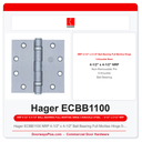 Hager ECBB1100 NRP 4-1/2" x 4-1/2" Ball Bearing Full Mortise Hinge 5-Knuckle Steel