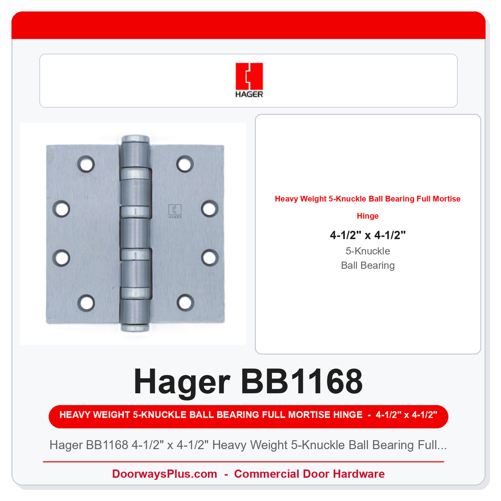 Hager BB1168 4-1/2" x 4-1/2" Heavy Weight 5-Knuckle Ball Bearing Full Mortise Hinge