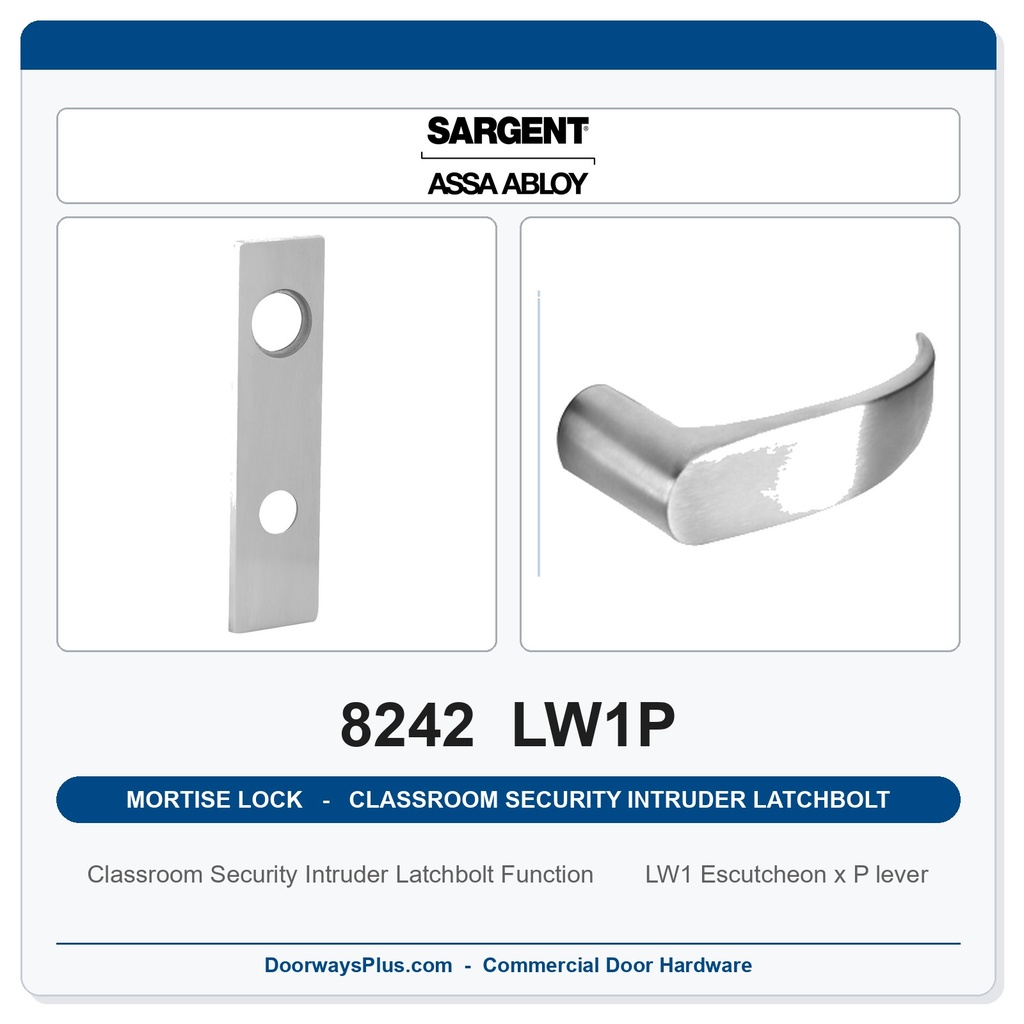 Sargent 8242 LW1P Trim Classroom Security Intruder Latchbolt Mortise Lockset | LA Keyway, Grade 1 Commercial