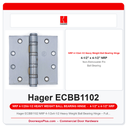 Hager ECBB1102 NRP 4-1/2x4-1/2 Heavy Weight Ball Bearing Hinge – Full Mortise, 4BB, ANSI A8111
