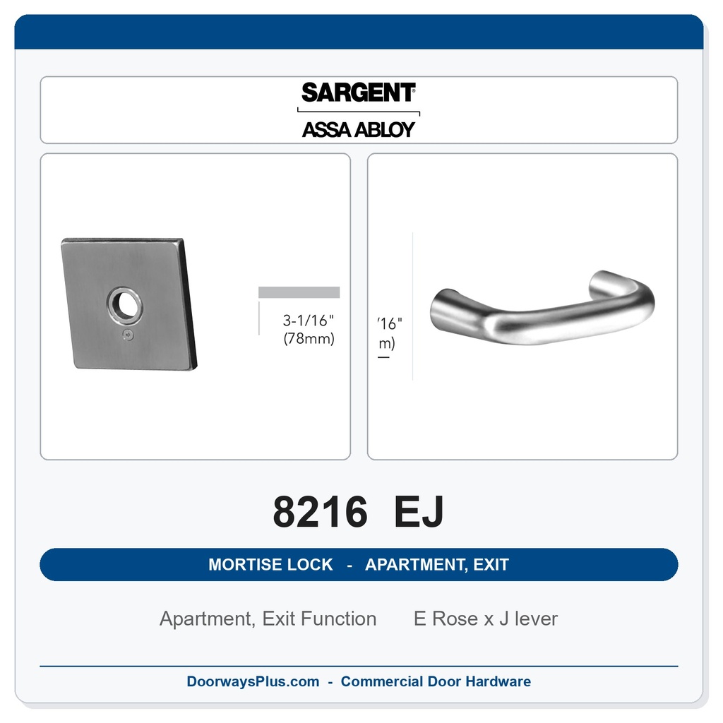 Sargent 8216 EJ Trim Apartment, Exit or Public Restroom Mortise Lockset | LA Keyway, Grade 1 Commercial