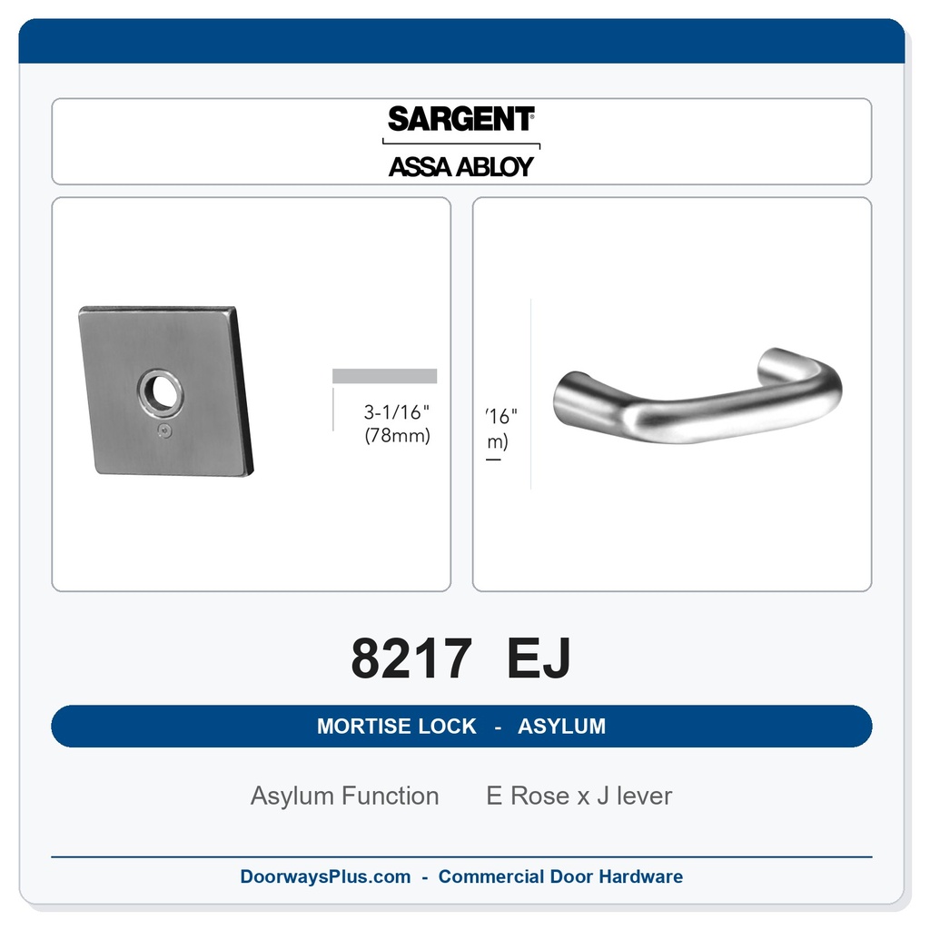 Sargent 8217 EJ Trim Asylum or Institutional Mortise Lockset | LA Keyway, Grade 1 Commercial