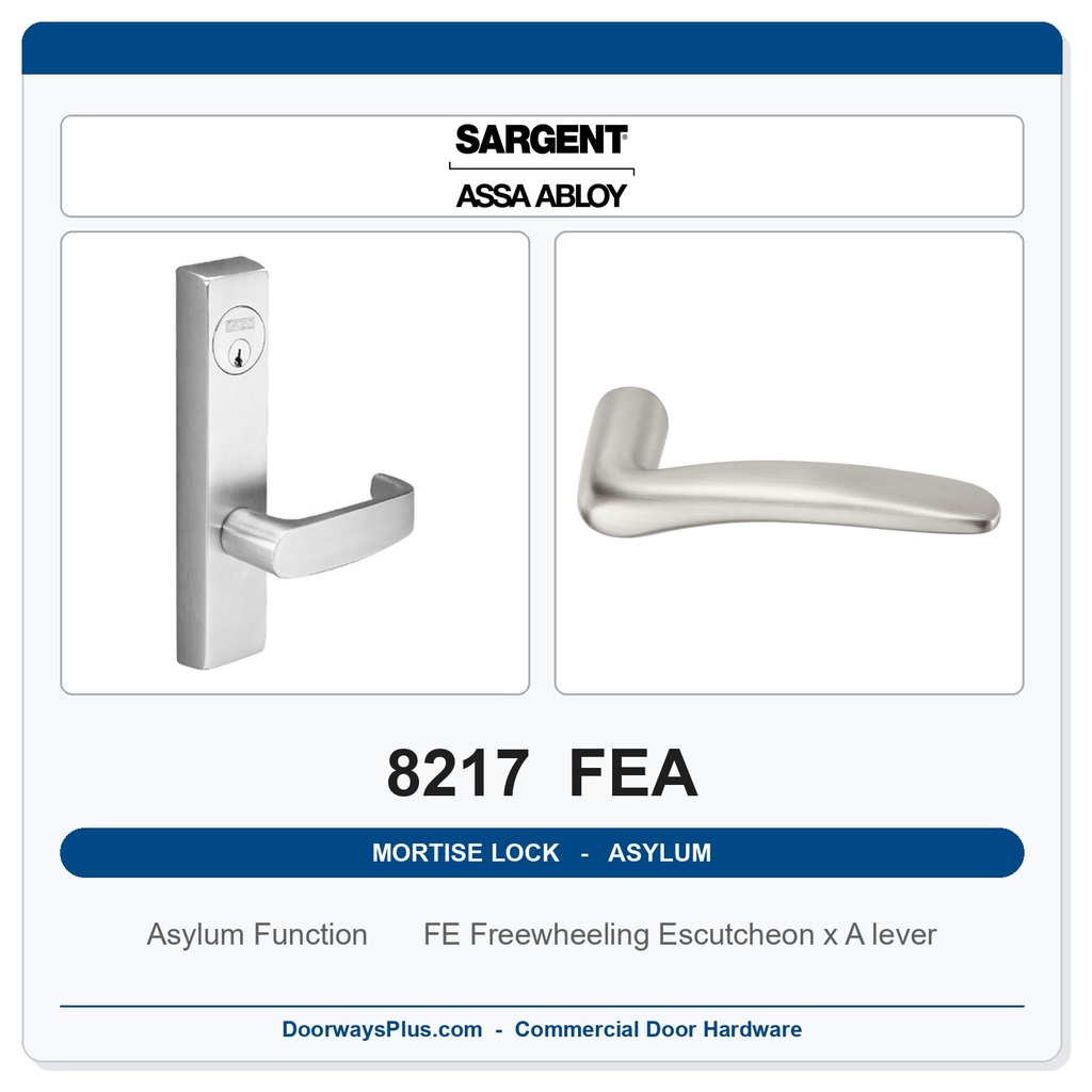 Sargent 8217 FEA Trim Asylum or Institutional Mortise Lockset | LA Keyway, Grade 1 Commercial